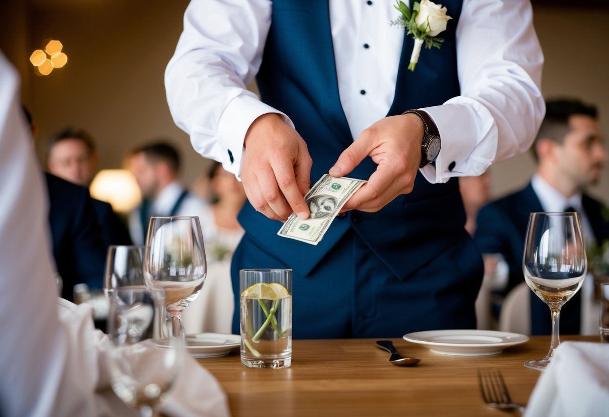 A groom's hand places cash in a waiter's hand