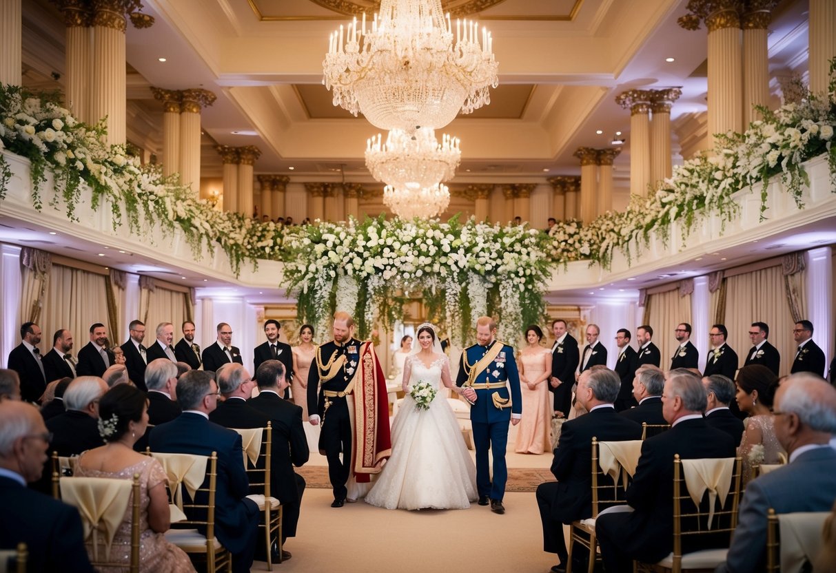 A grand royal wedding ceremony with a lavish reception, attended by dignitaries and adorned with expensive decorations