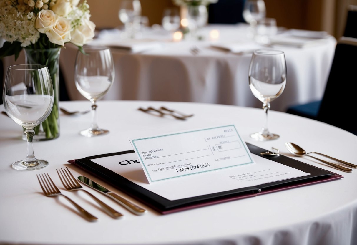 A table set with elegant place settings and a check presented in a folder