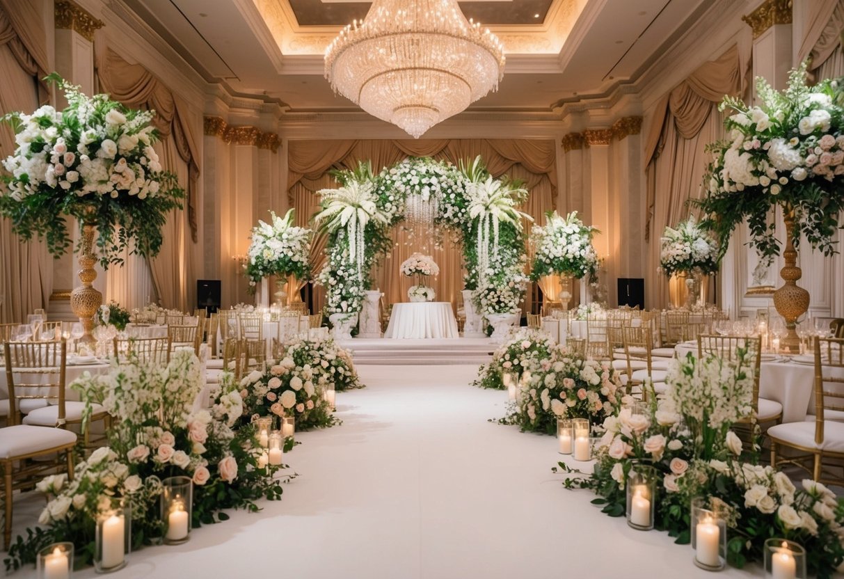 A grand wedding venue with lavish decorations and extravagant floral arrangements, surrounded by opulent details and expensive expenditures