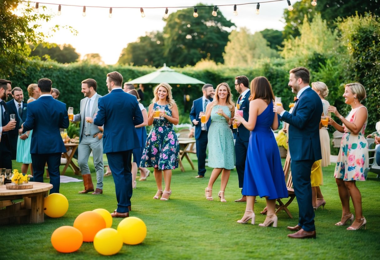 Guests mingle in the garden, sipping drinks and chatting. Some play lawn games, while others dance to live music. The atmosphere is joyful and relaxed
