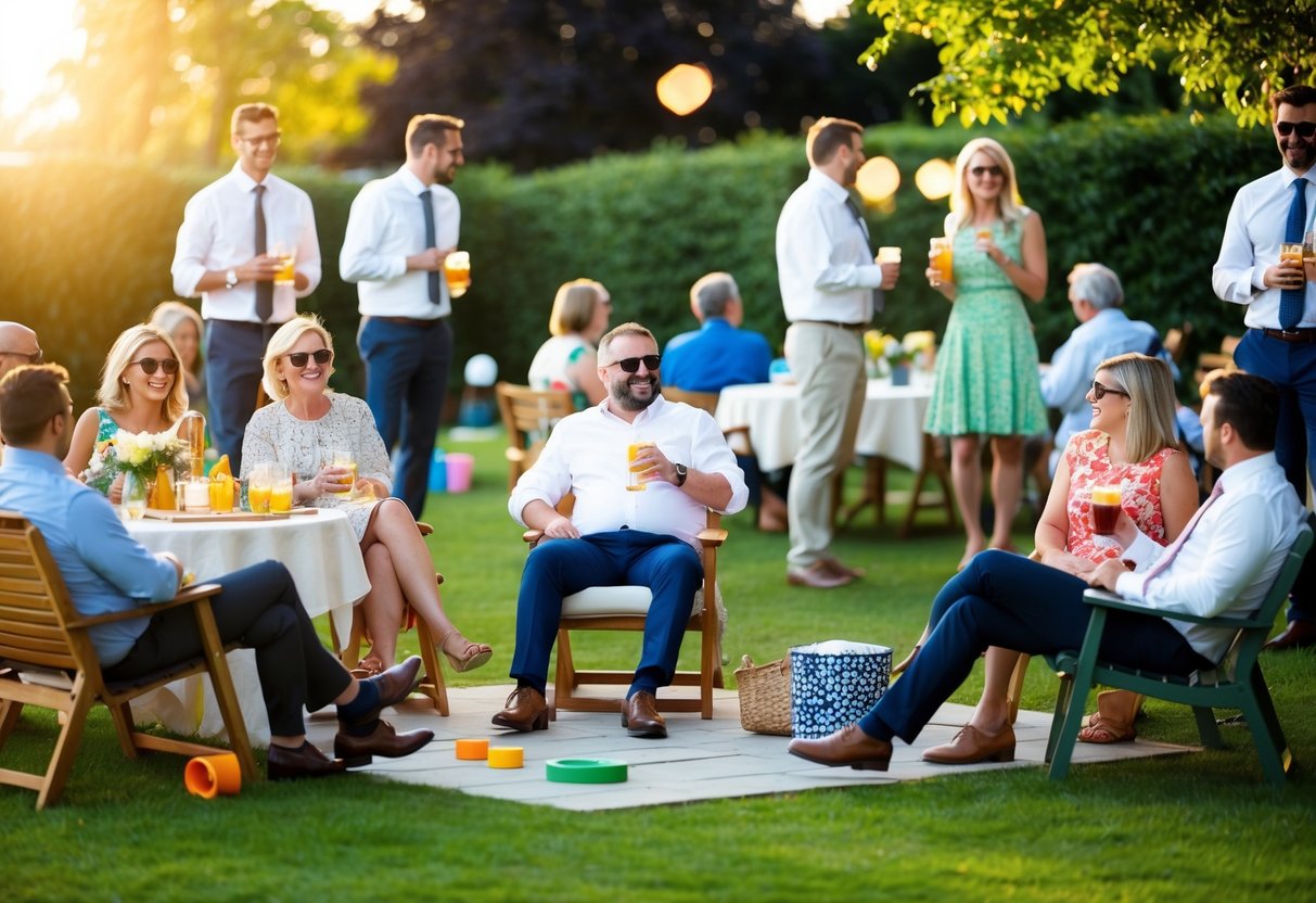 Guests mingle in the garden, sipping drinks and chatting. Some play lawn games while others relax on the patio, enjoying the warm afternoon sun