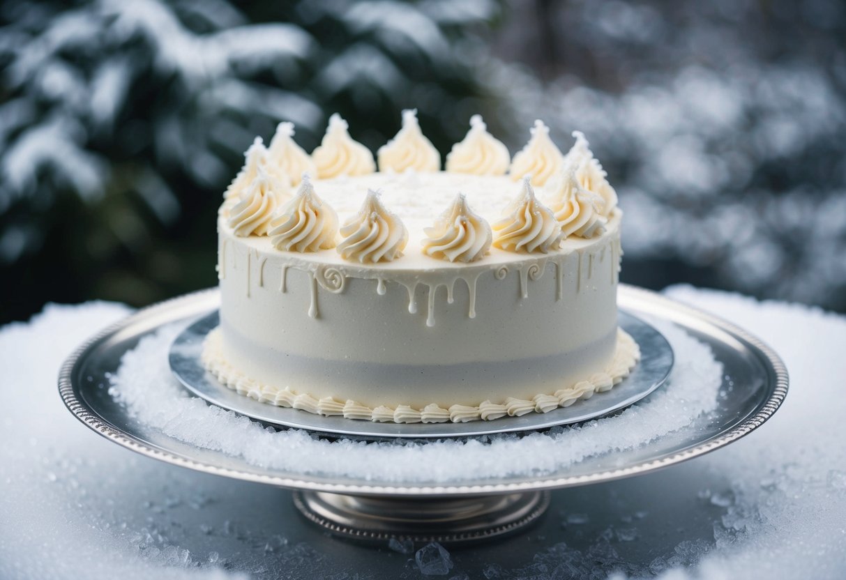 A frozen wedding cake sits atop a silver platter, adorned with delicate frosting and intricate designs, surrounded by frost and ice crystals