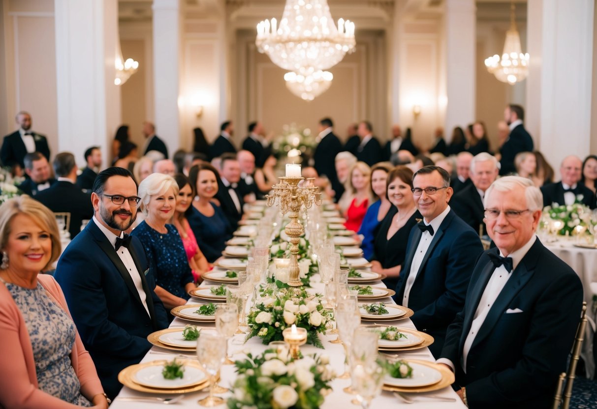 A beautifully arranged banquet table with ornate dishes and elegant centerpieces, surrounded by seated guests in formal attire