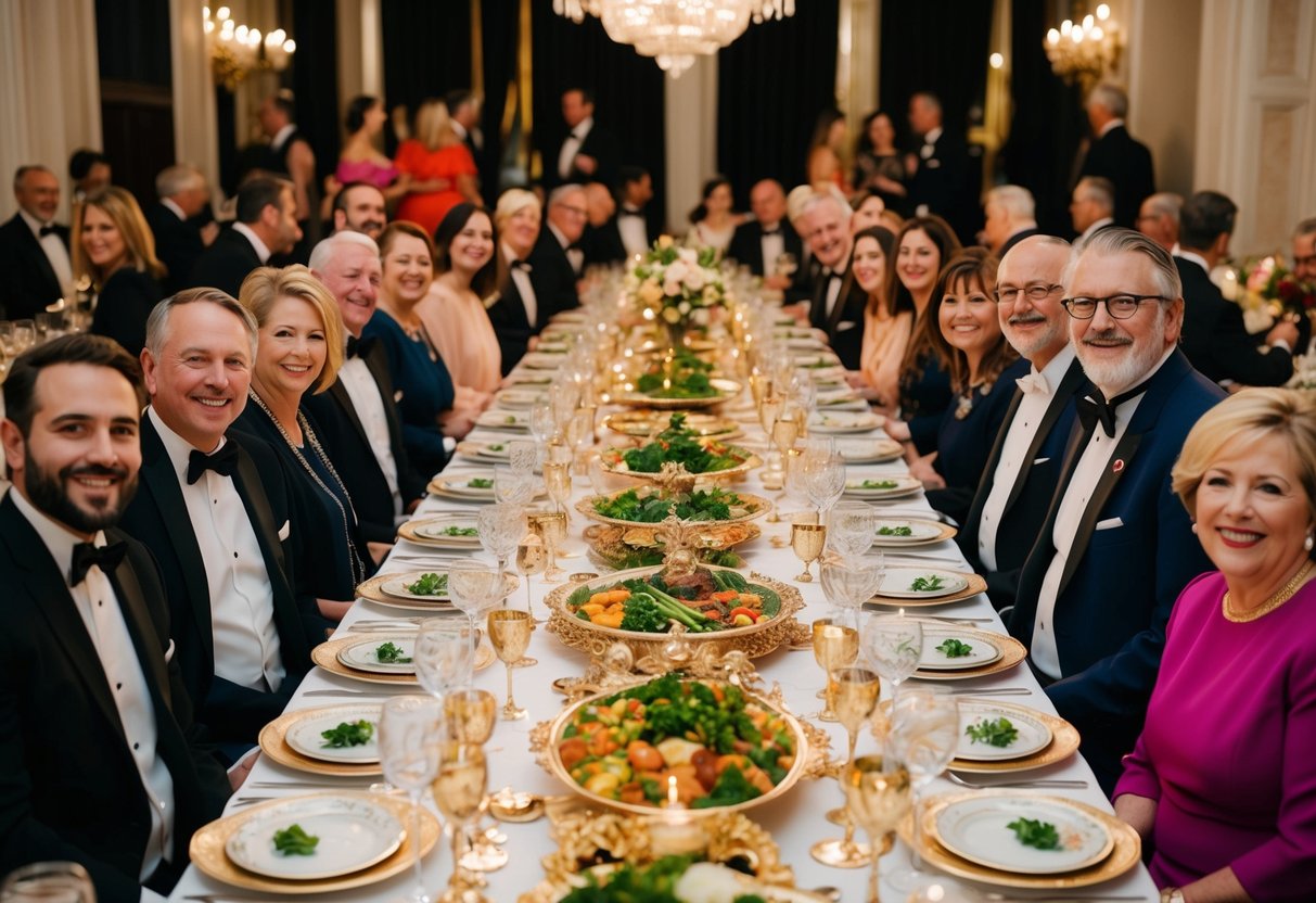 A lavish banquet spread across a long table, adorned with ornate dishes and elegant tableware, surrounded by joyful guests in formal attire