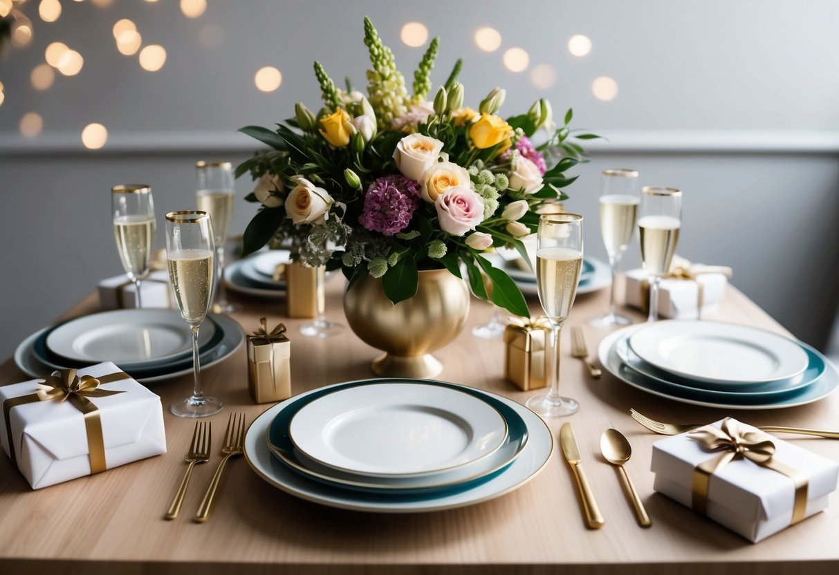 A table set with elegant brunch dishes and a bouquet of flowers, surrounded by champagne flutes and wrapped presents