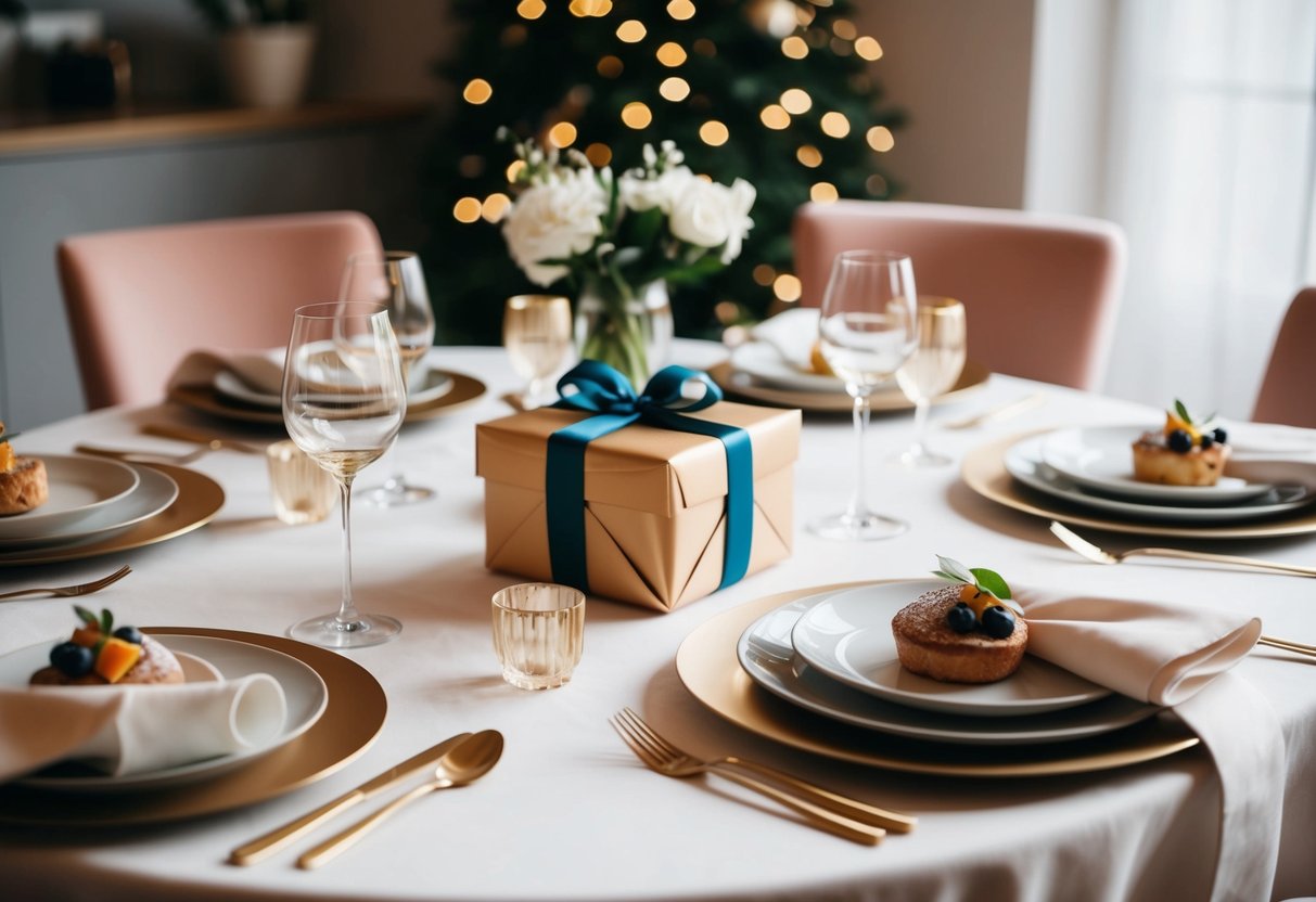 A table set with elegant brunch dishes and a beautifully wrapped gift sitting among the place settings