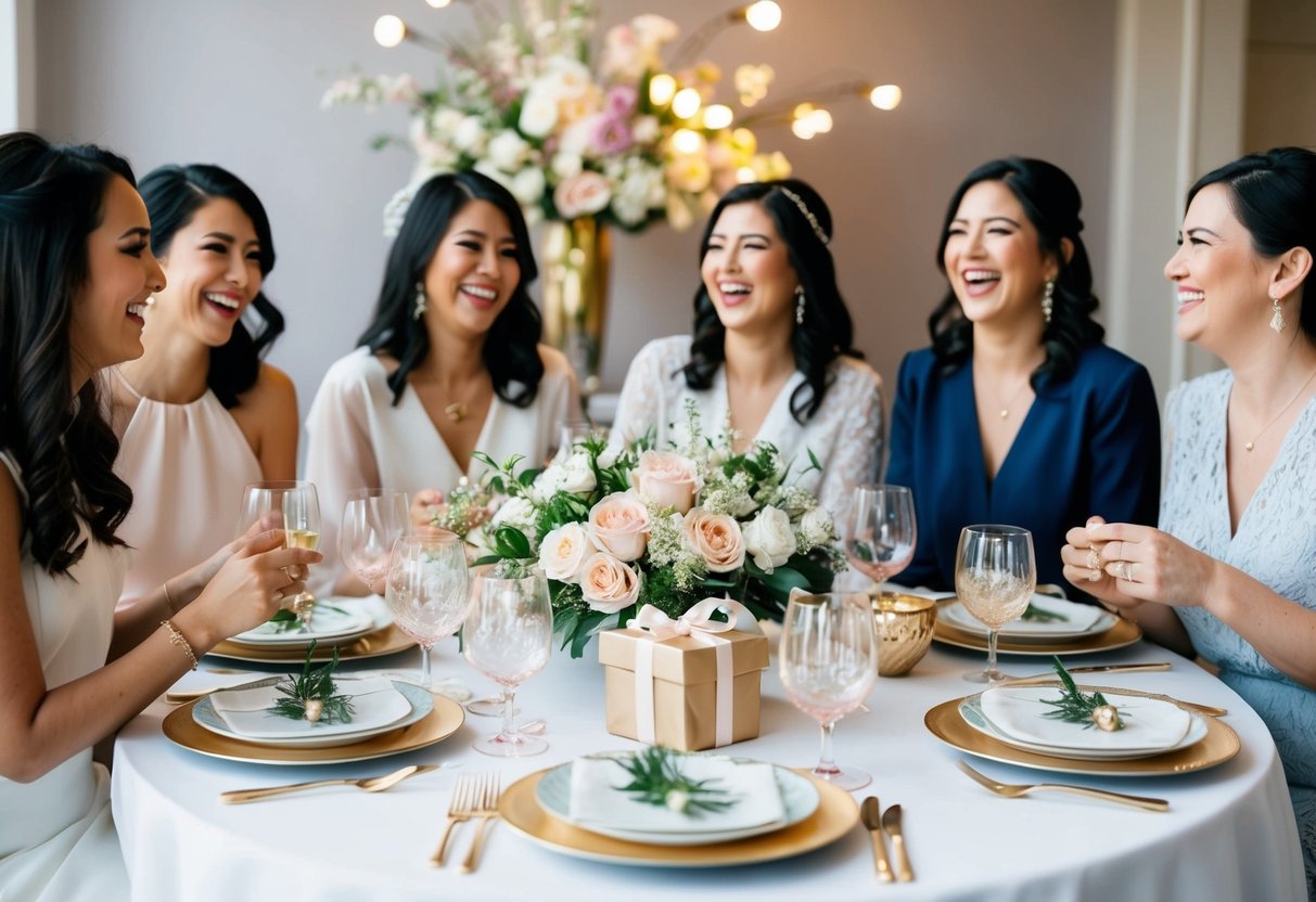 A table set with elegant dishes and flowers, a gift wrapped in delicate paper, and a group of women laughing and chatting at a bridal brunch