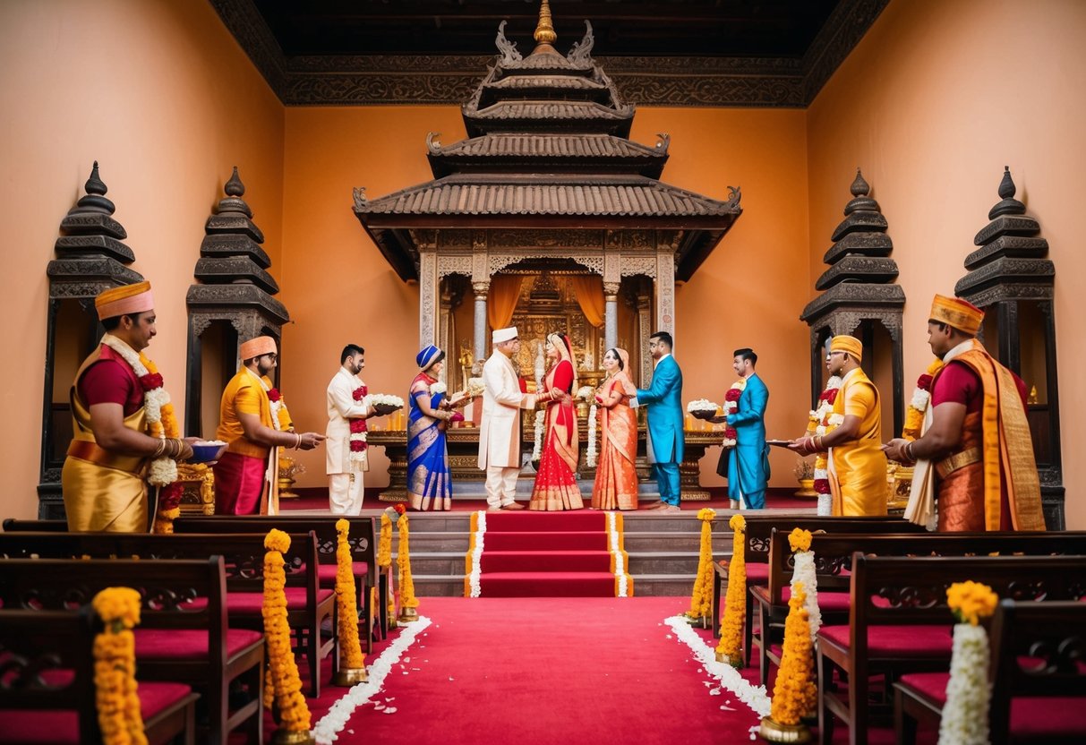 A traditional wedding ceremony taking place in a historic temple on a Wednesday, with cultural symbols and rituals being performed