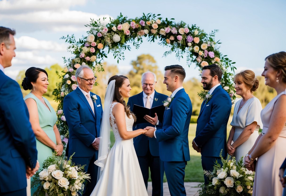 A couple exchanging vows under a floral arch on a sunny Wednesday afternoon, surrounded by close friends and family