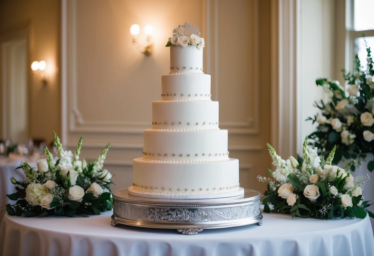 A tiered wedding cake displayed on a table, adorned with intricate decorations and surrounded by elegant floral arrangements
