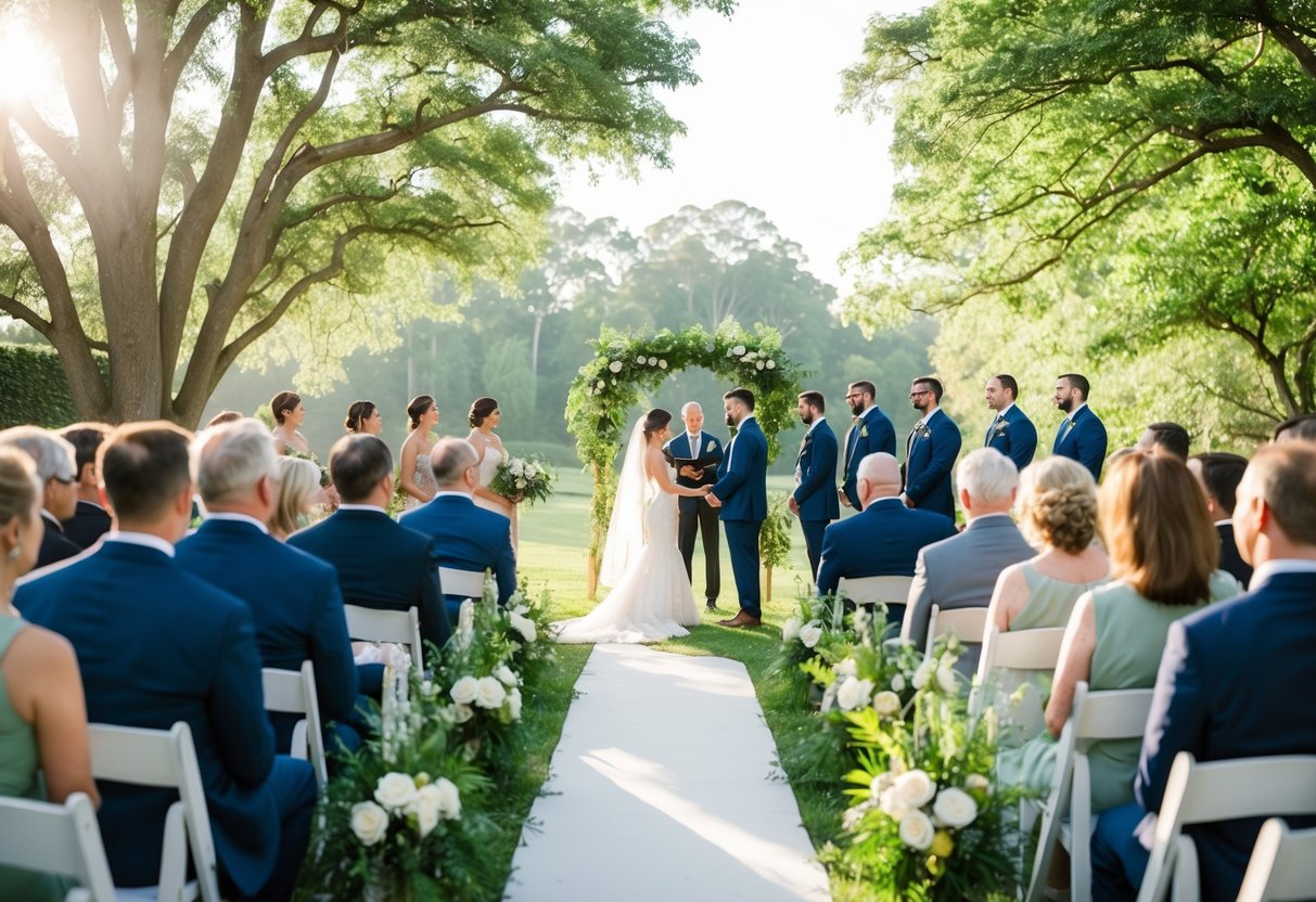 A serene outdoor wedding venue with a mid-week ceremony, surrounded by lush greenery and soft sunlight filtering through the trees