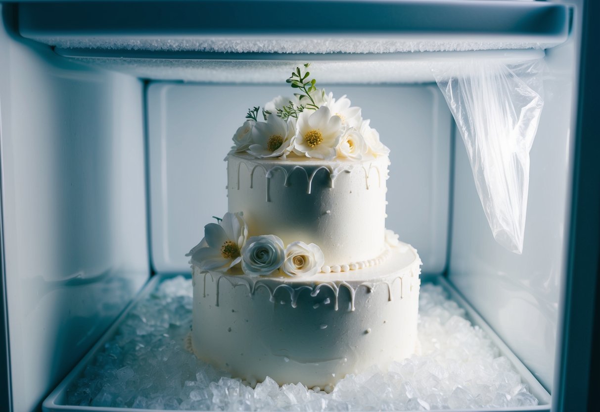 A wedding cake sits in a freezer, covered in plastic wrap and surrounded by ice crystals. It is adorned with delicate sugar flowers and intricate piping