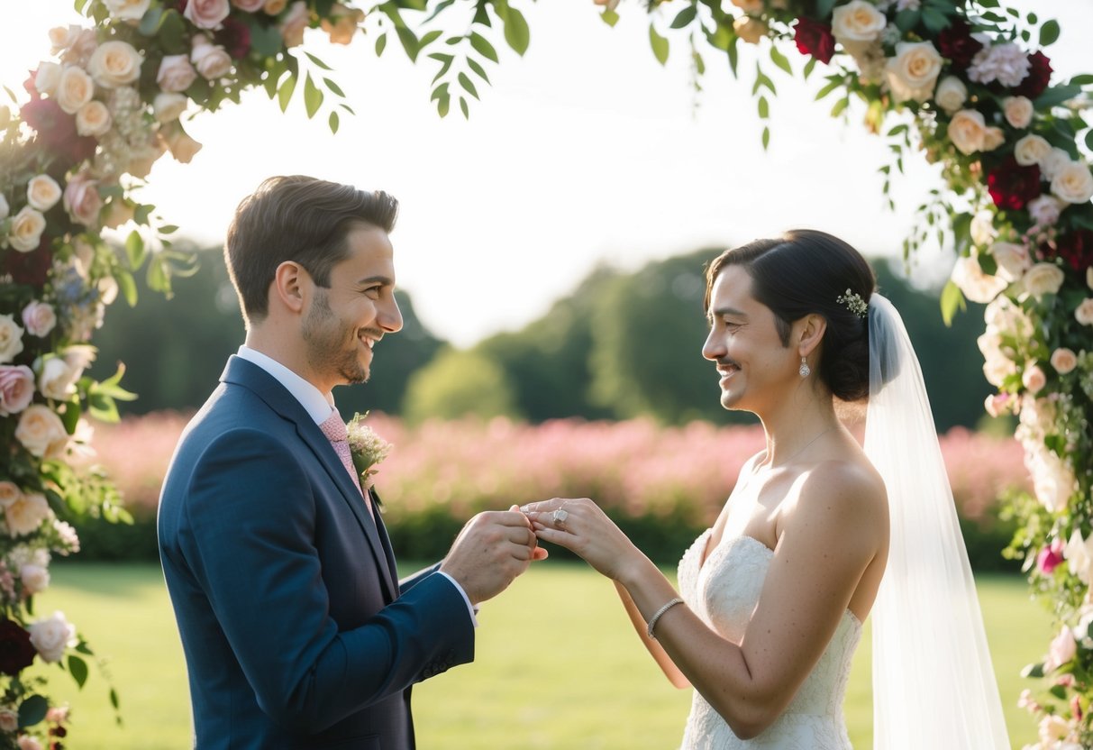 A couple exchanging rings under a floral arch