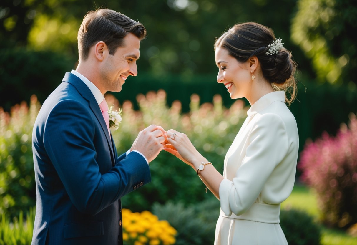 A couple exchanging rings in a garden setting