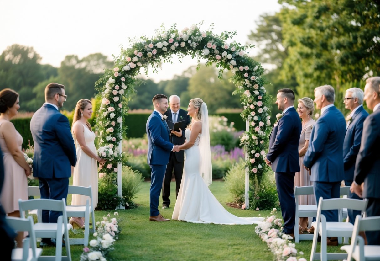 A couple stands under a flower-covered archway in a small garden, surrounded by close friends and family, exchanging vows on a Wednesday afternoon