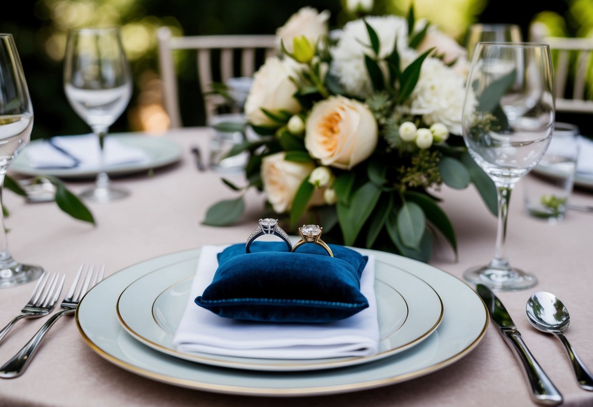 A table set with elegant place settings, a bouquet of fresh flowers, and a pair of wedding rings resting on a velvet cushion