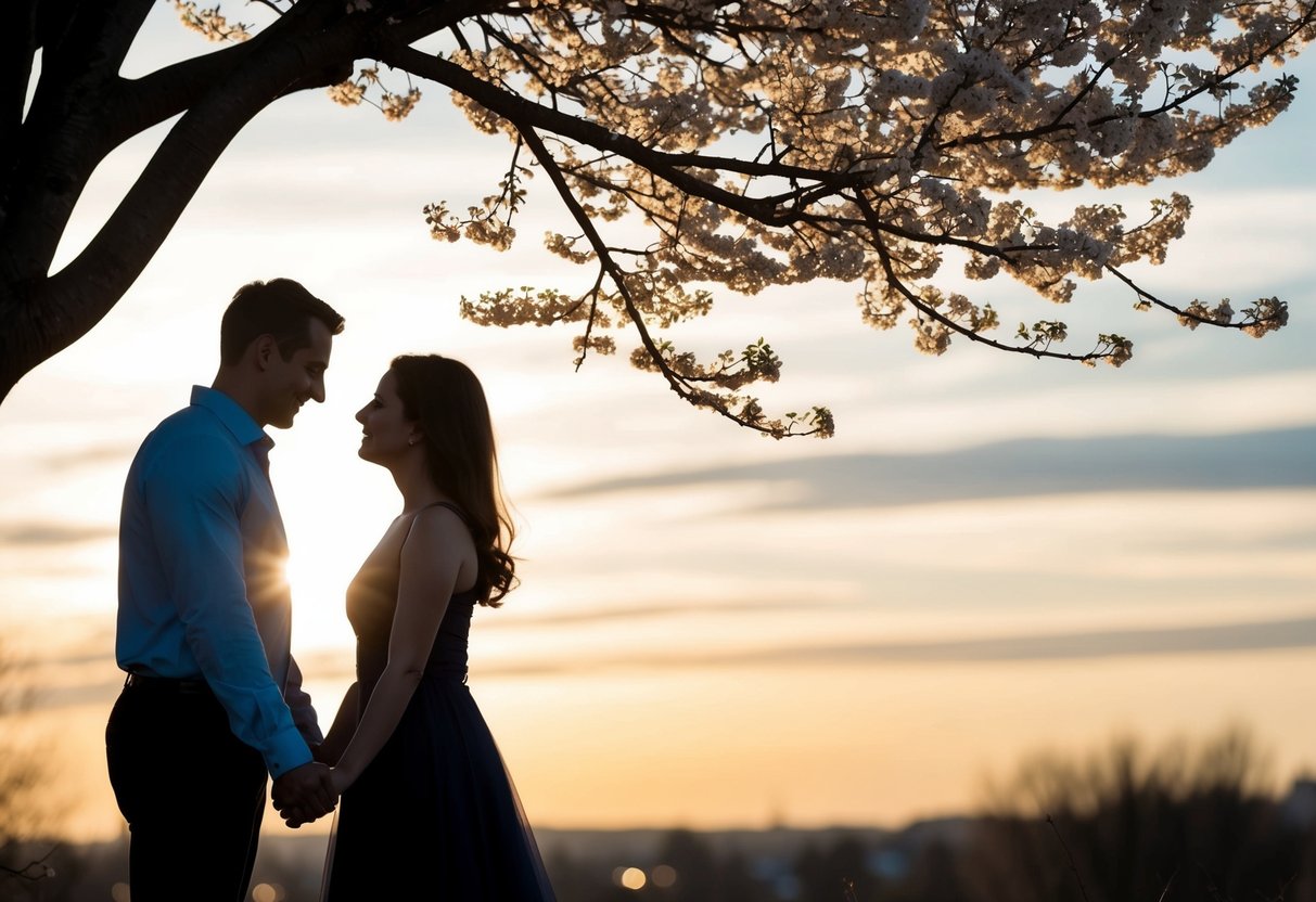 A couple's silhouettes holding hands under a blooming tree with a heart carved into the trunk