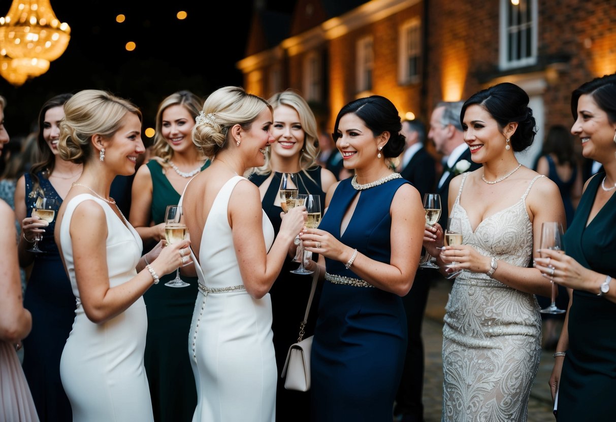 A group of elegantly dressed women socializing at a formal wedding evening event in the UK
