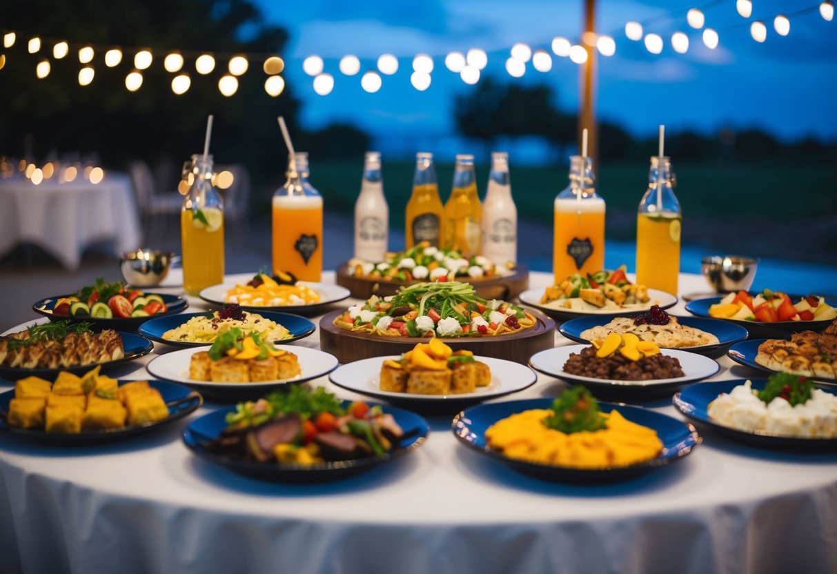 A table adorned with an array of savory and sweet dishes, accompanied by a selection of beverages, set up for an evening wedding buffet
