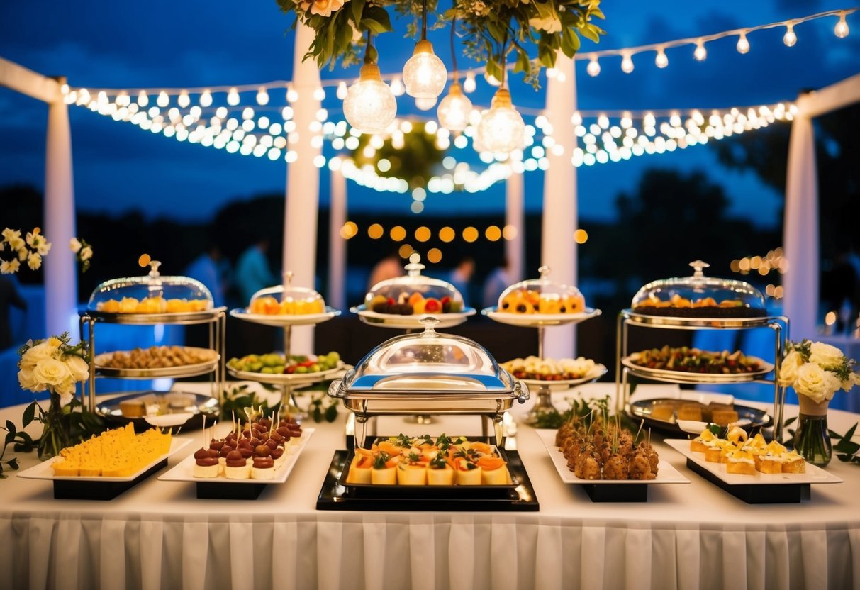An elegant evening buffet is set up under twinkling lights at a wedding reception, with a variety of delicious dishes and desserts on display