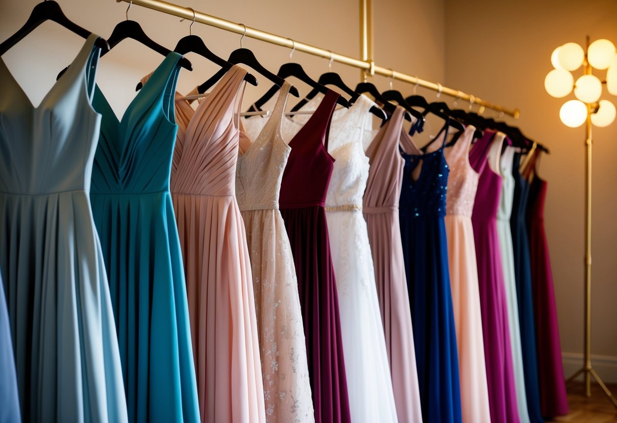 A row of elegant dresses in various colors and styles, displayed on mannequins under soft, warm lighting