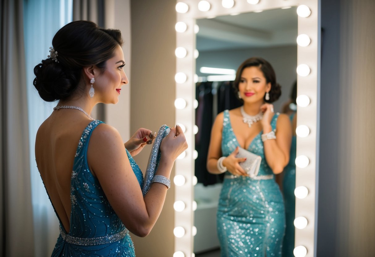 A woman in a stylish evening dress, adding jewelry and a clutch, stands in front of a full-length mirror