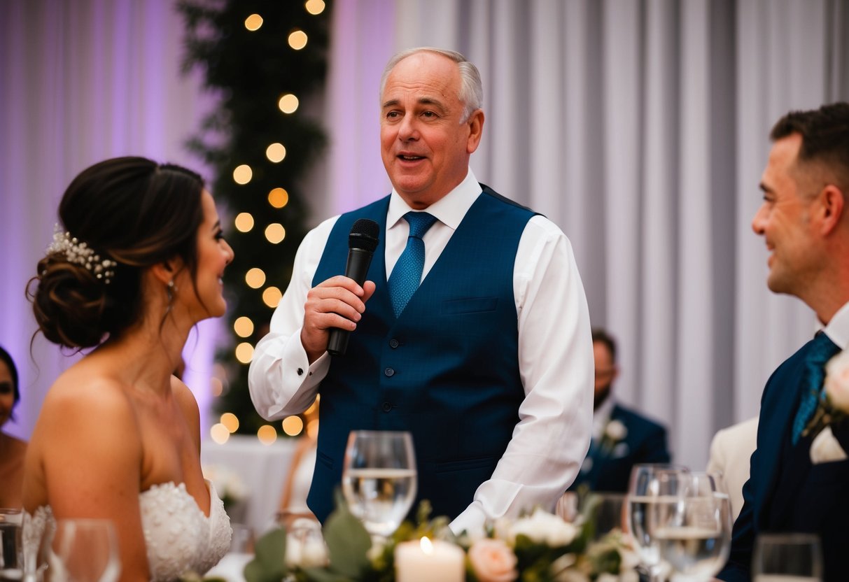 The father of the groom is giving a speech at the wedding reception