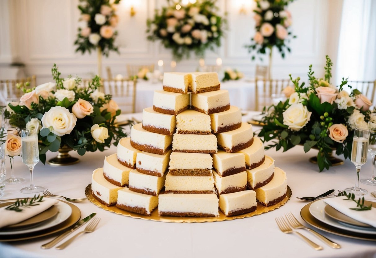 A table with 80 slices of wedding cake, surrounded by decorative floral arrangements and elegant place settings