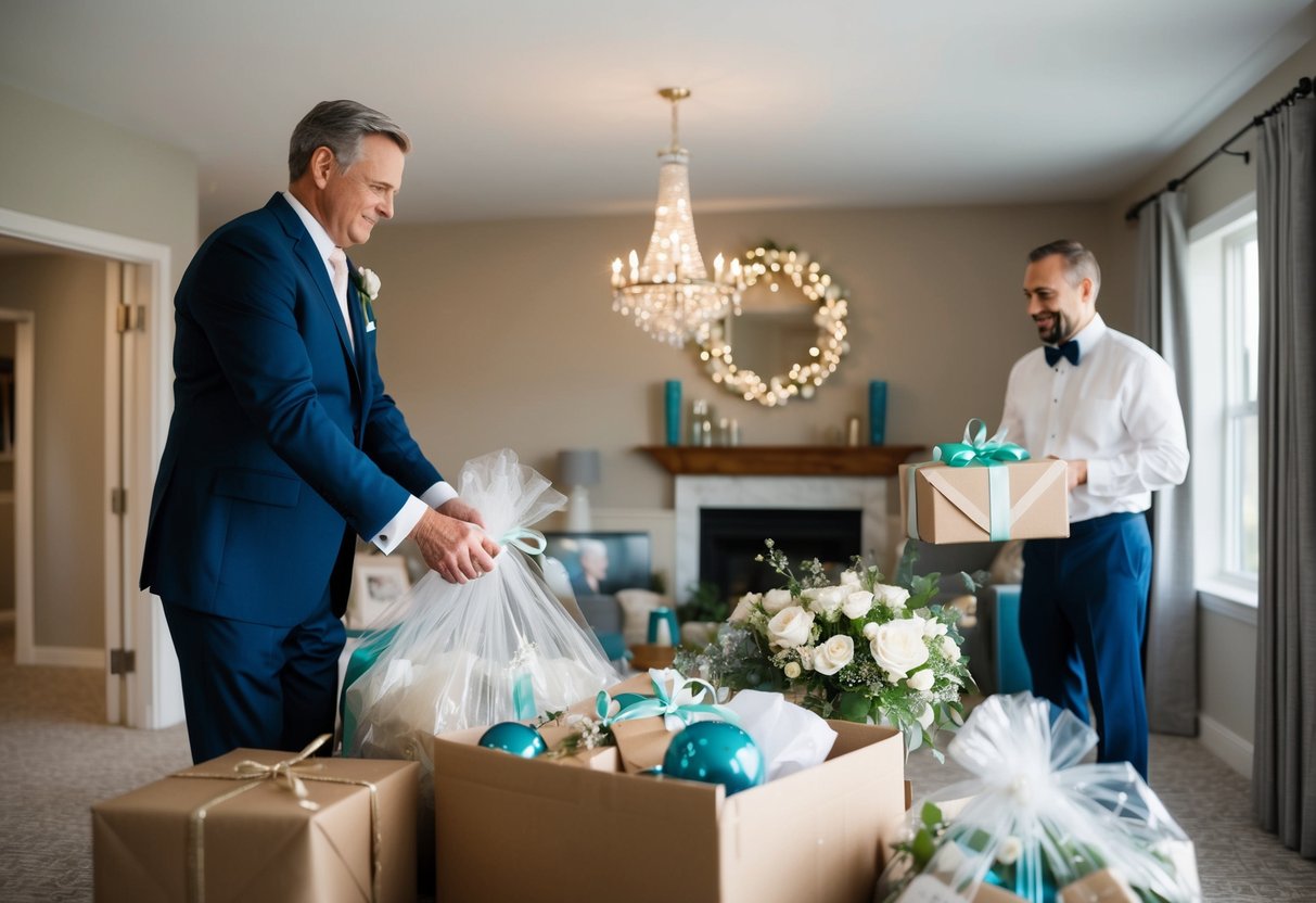 The father of the groom assists in packing up leftover decorations and gifts after the wedding