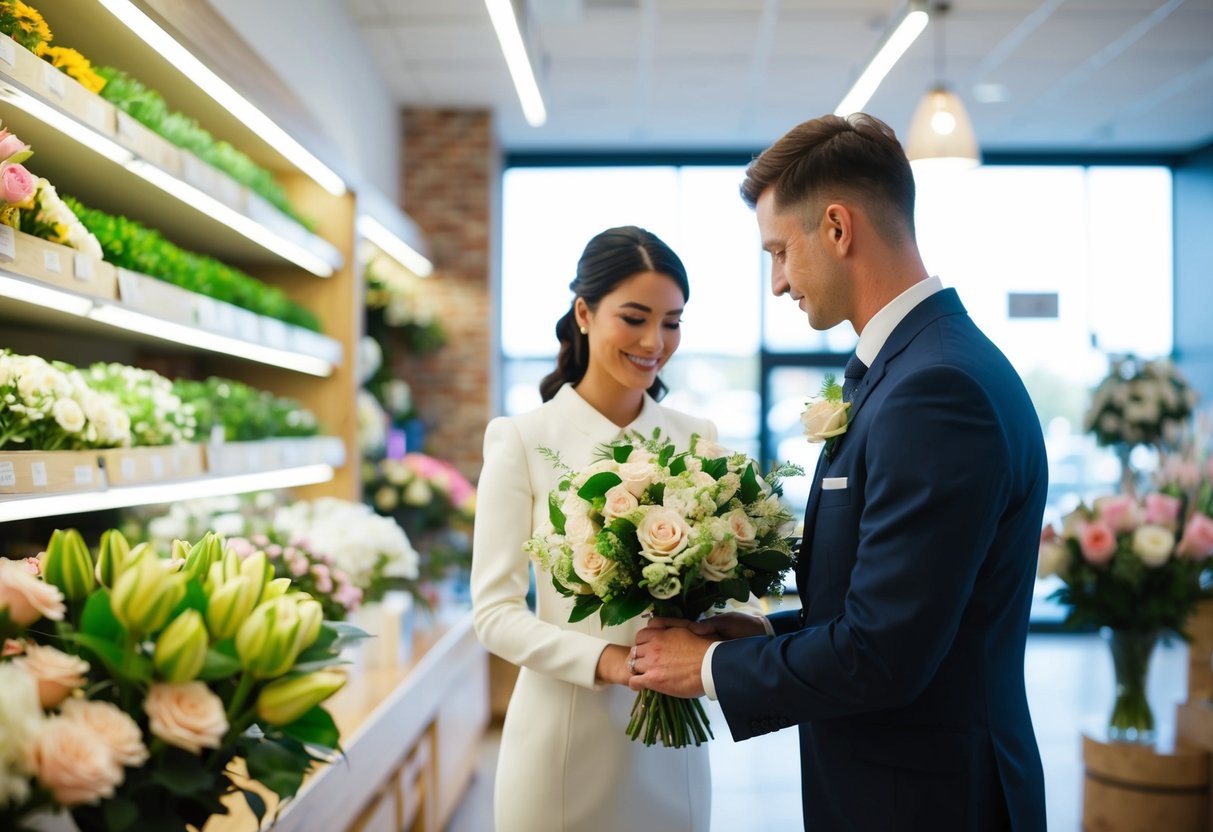 A bride's bouquet being selected by a figure in a formal attire at a flower shop