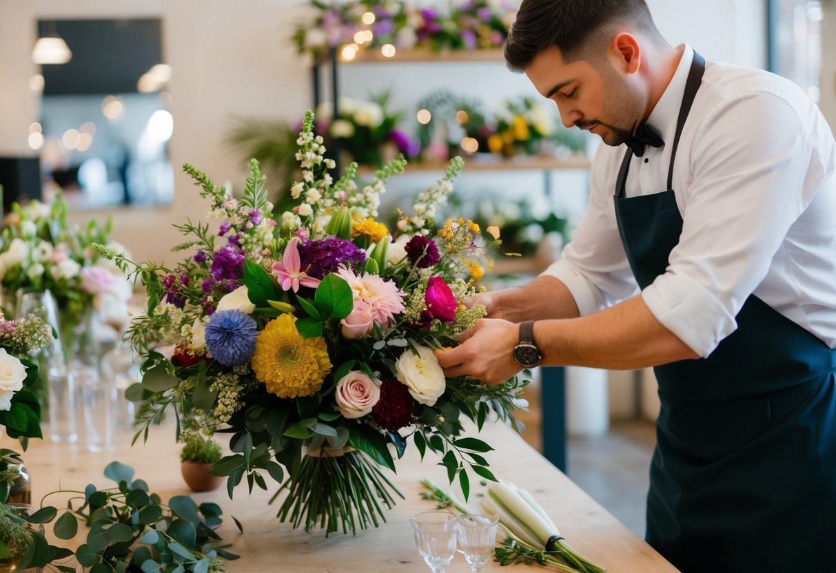 A florist carefully selects and arranges a beautiful bouquet of flowers in a variety of colors and textures for a wedding