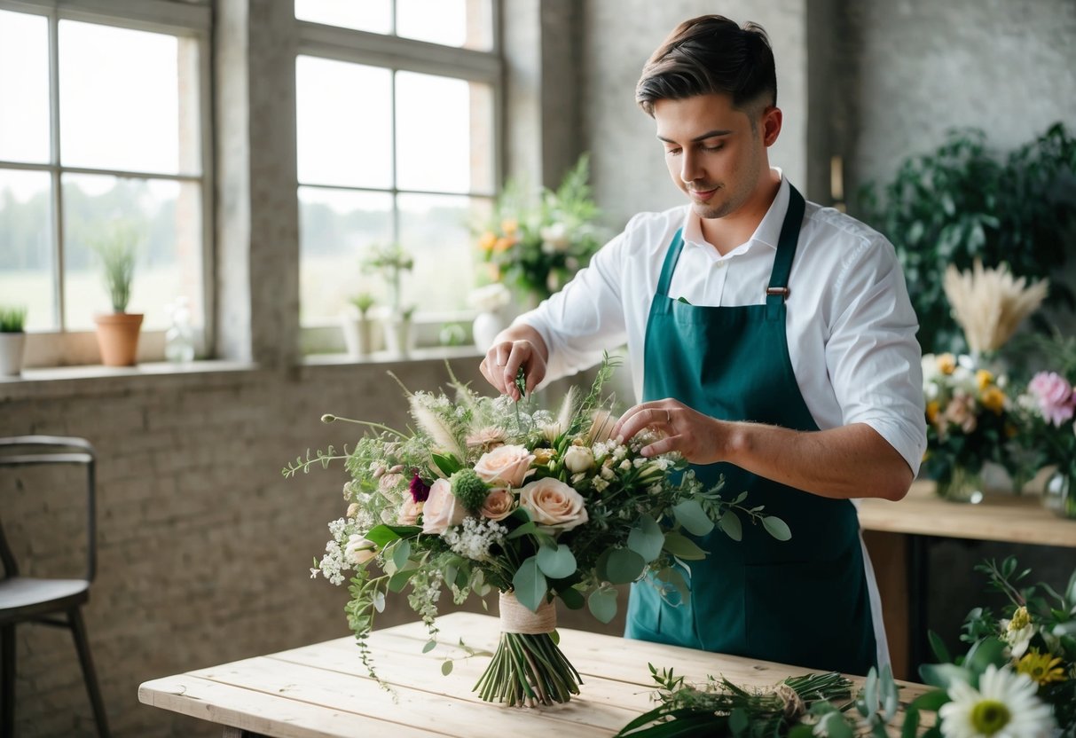 A florist arranging a bridal bouquet with various flowers and greenery in a rustic, sunlit studio