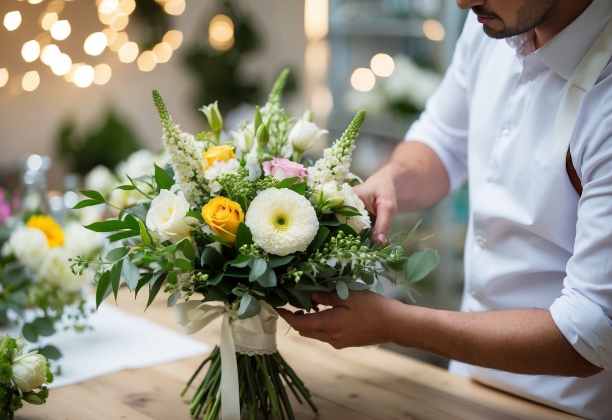 A florist carefully arranges a bridal bouquet, selecting the freshest flowers and tying them with a delicate ribbon