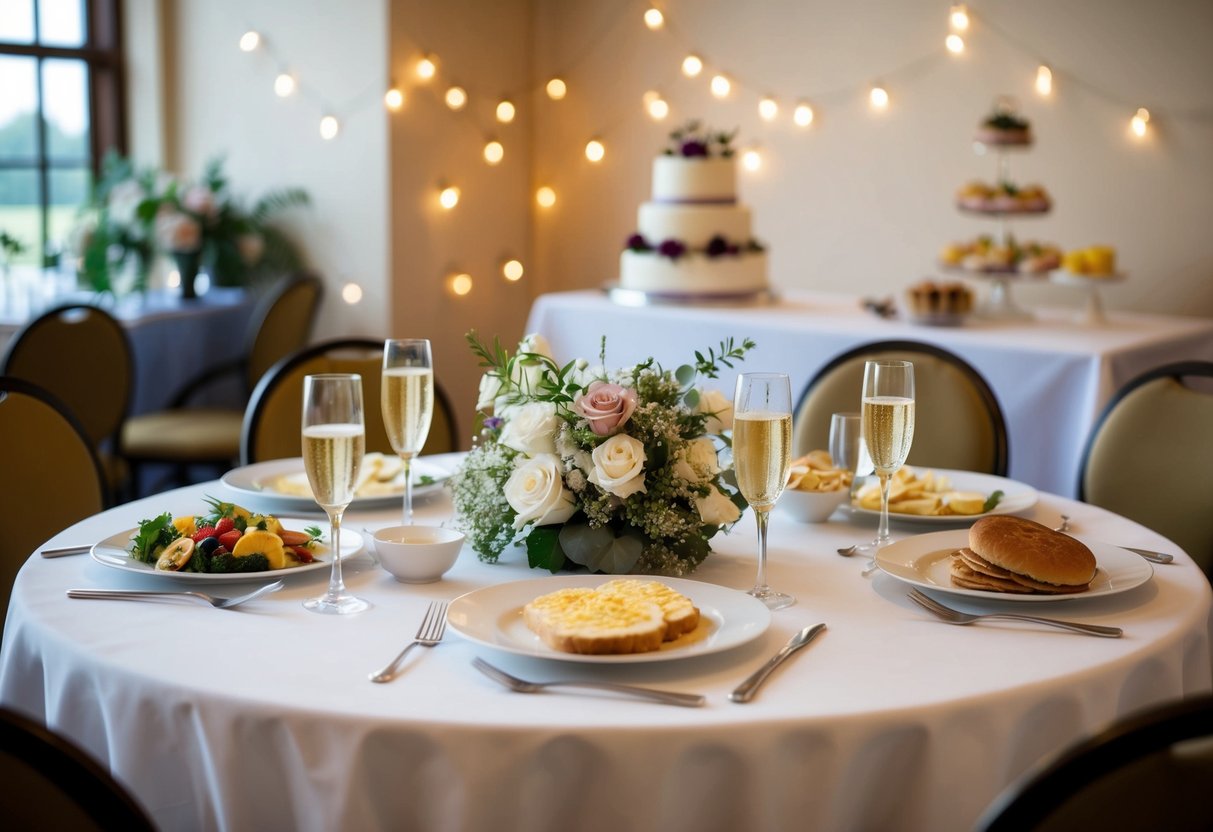 A table set with leftover wedding decorations and a mix of breakfast and lunch foods, with champagne glasses and a wedding cake in the background