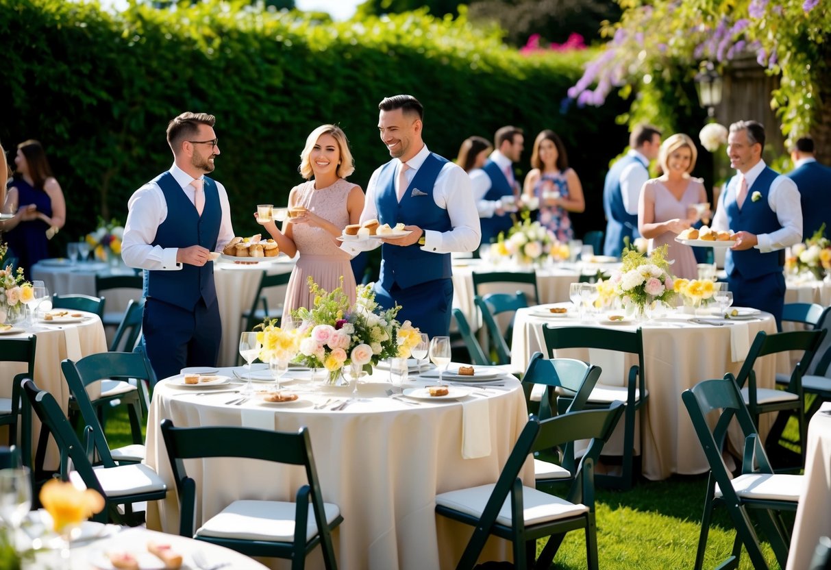 A sunny garden filled with round tables adorned with floral centerpieces and elegant place settings. Waiters serve mimosas and pastries as guests mingle and laugh