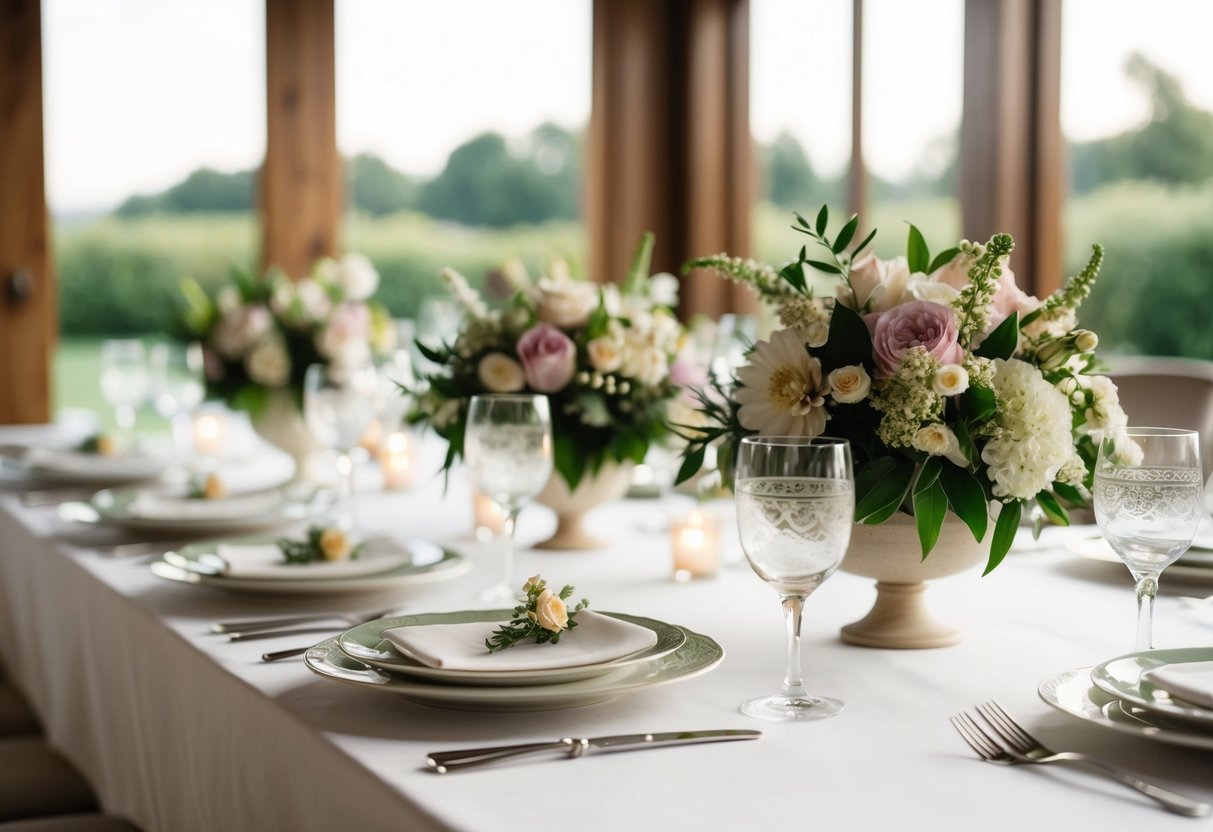 A table set with elegant place settings, adorned with fresh flowers and delicate china, awaits guests for a mid-morning bridal brunch