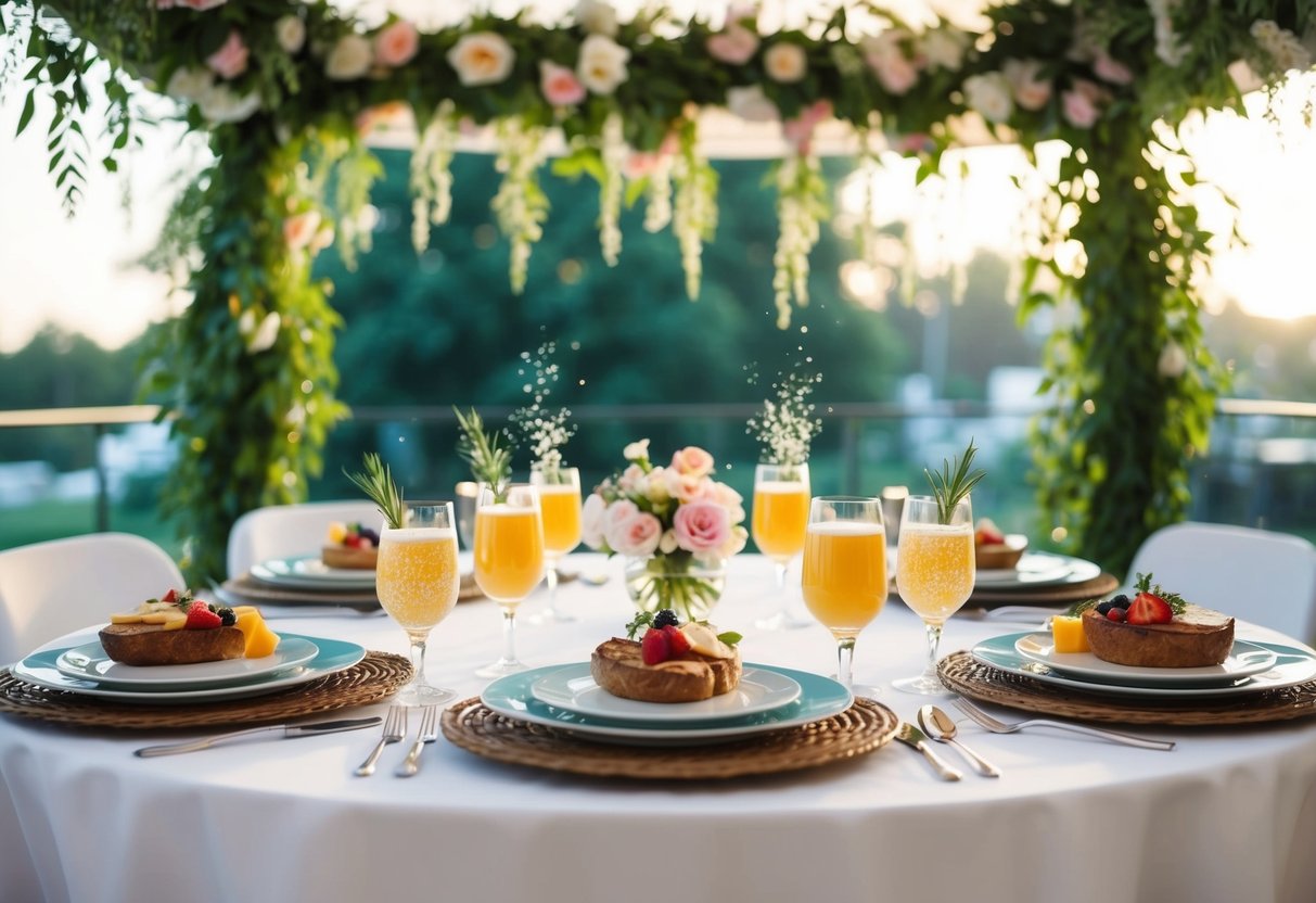 A table set with elegant brunch dishes and sparkling drinks under a canopy of flowers and greenery, with a soft morning light filtering through