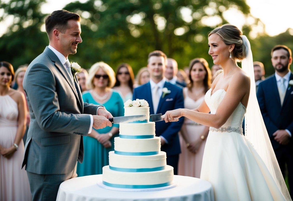 A bride and groom stand side by side, cutting into a multi-tiered wedding cake with a large knife, surrounded by guests watching in silence