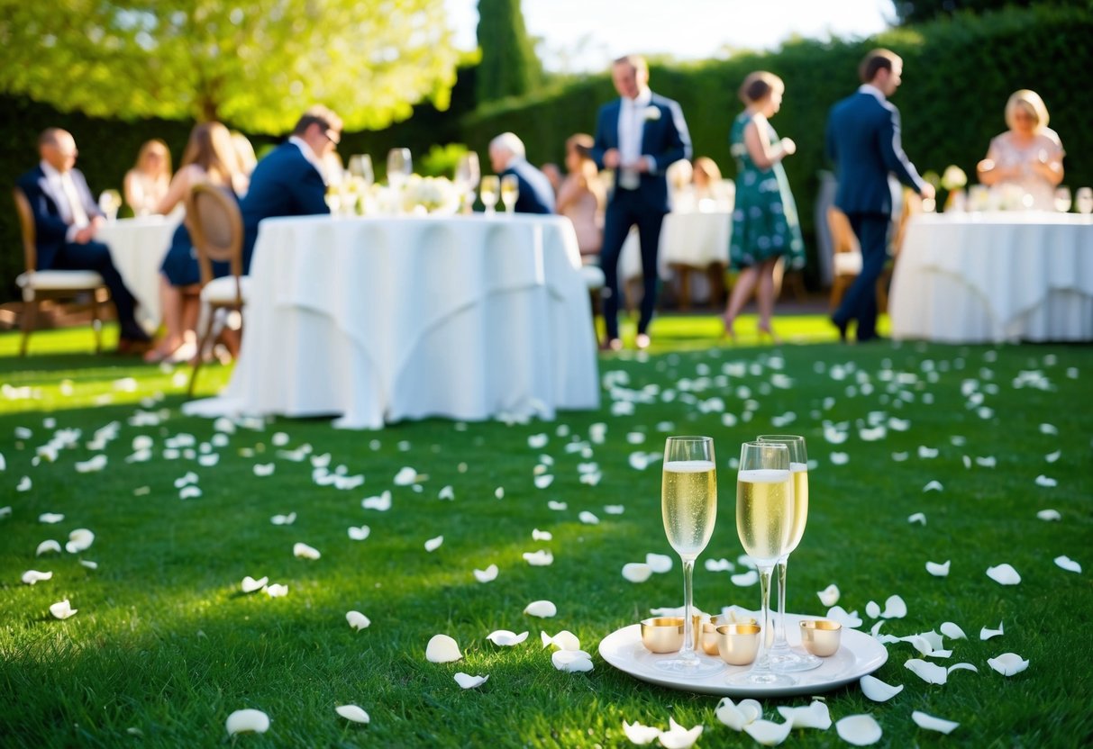A sunny garden with scattered flower petals and champagne glasses on tables, as guests linger in celebration the day after a wedding