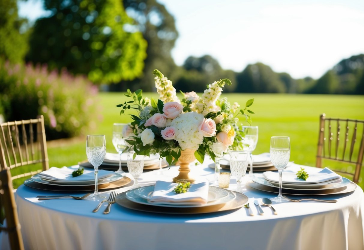 A sunny outdoor table set with elegant dishes and fresh flowers, ready for a mid-morning bridal brunch