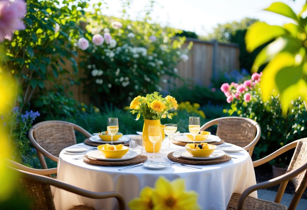 A sunny garden with a table set for brunch, surrounded by blooming flowers and greenery. The light is soft and inviting, creating a warm and welcoming atmosphere