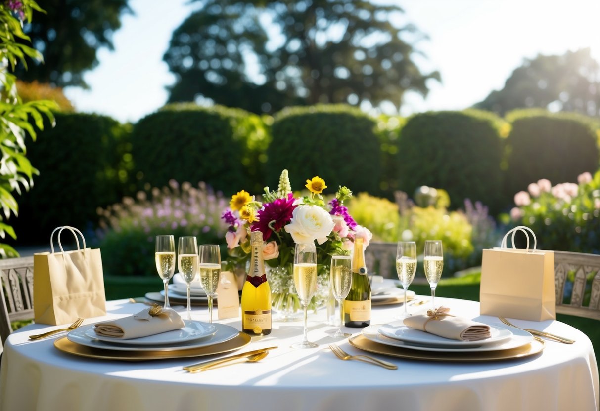 A sunny morning garden setting with a table set for brunch, adorned with flowers, champagne glasses, and gift bags