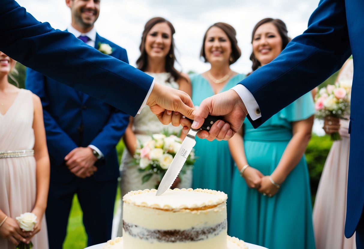 A couple's hands holding a knife together, cutting the first piece of wedding cake, with family and friends looking on with joy