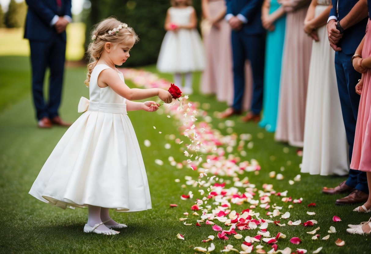 A flower girl sprinkles rose petals on the bride's path