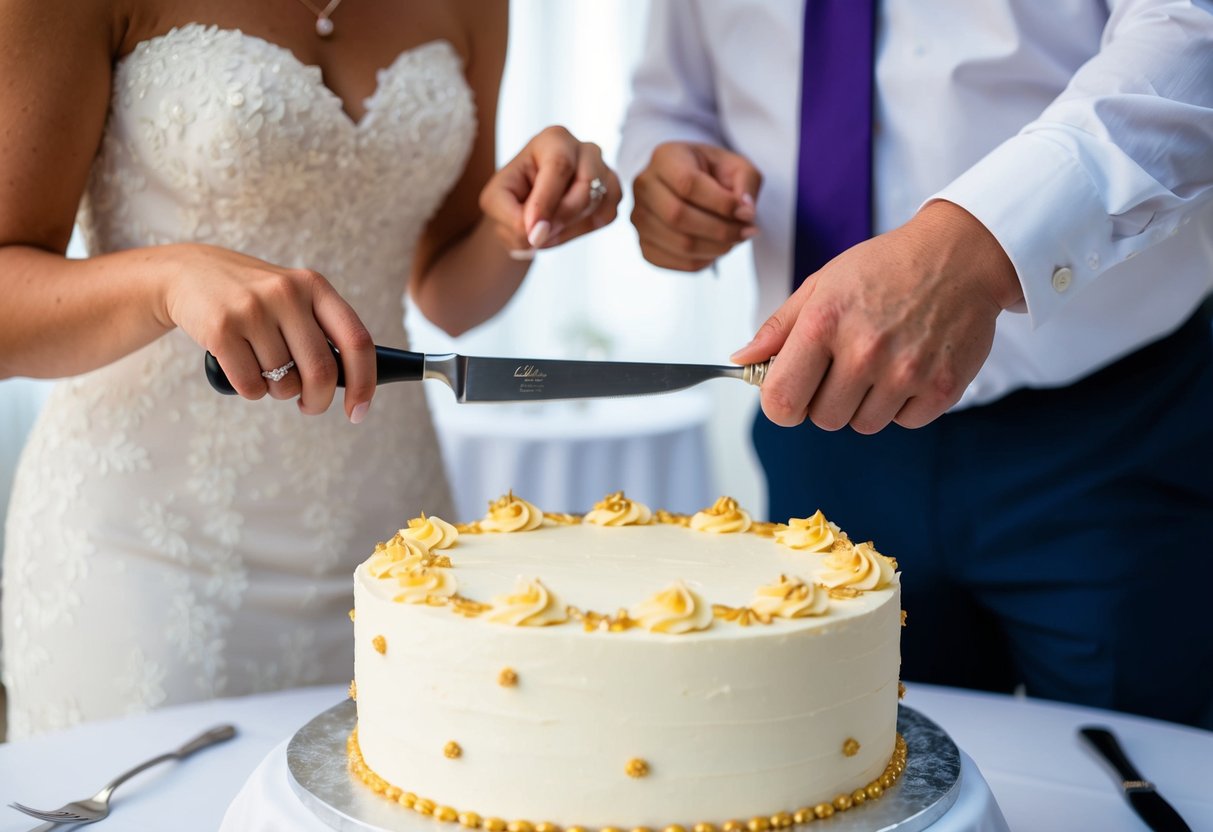 A newlywed couple holding a single cake knife together, slicing into a beautifully decorated wedding cake