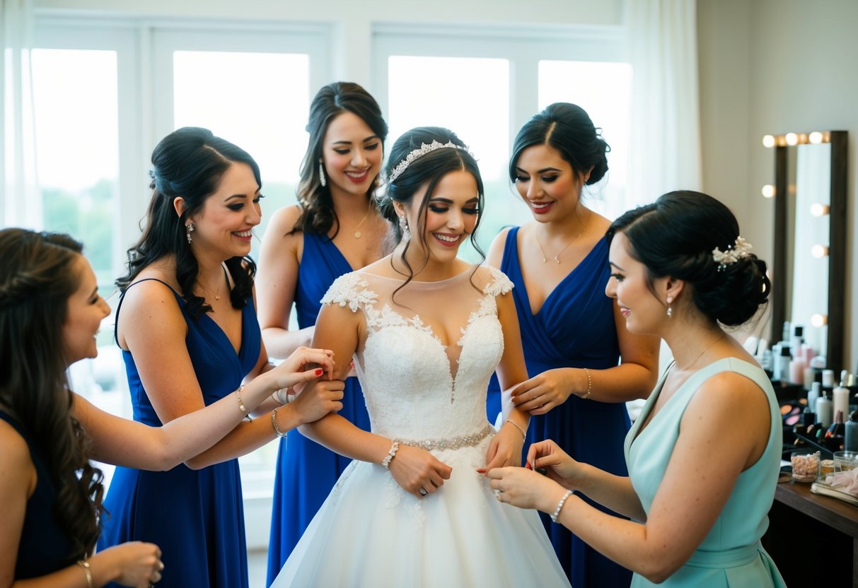 A group of friends surrounds the bride, helping her with her dress and accessories, while a hairstylist and makeup artist work on her appearance