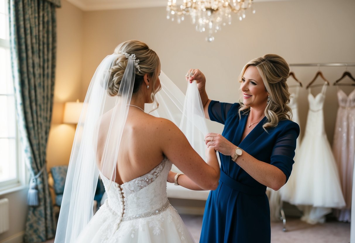 A wedding planner assists the bride with her gown and veil