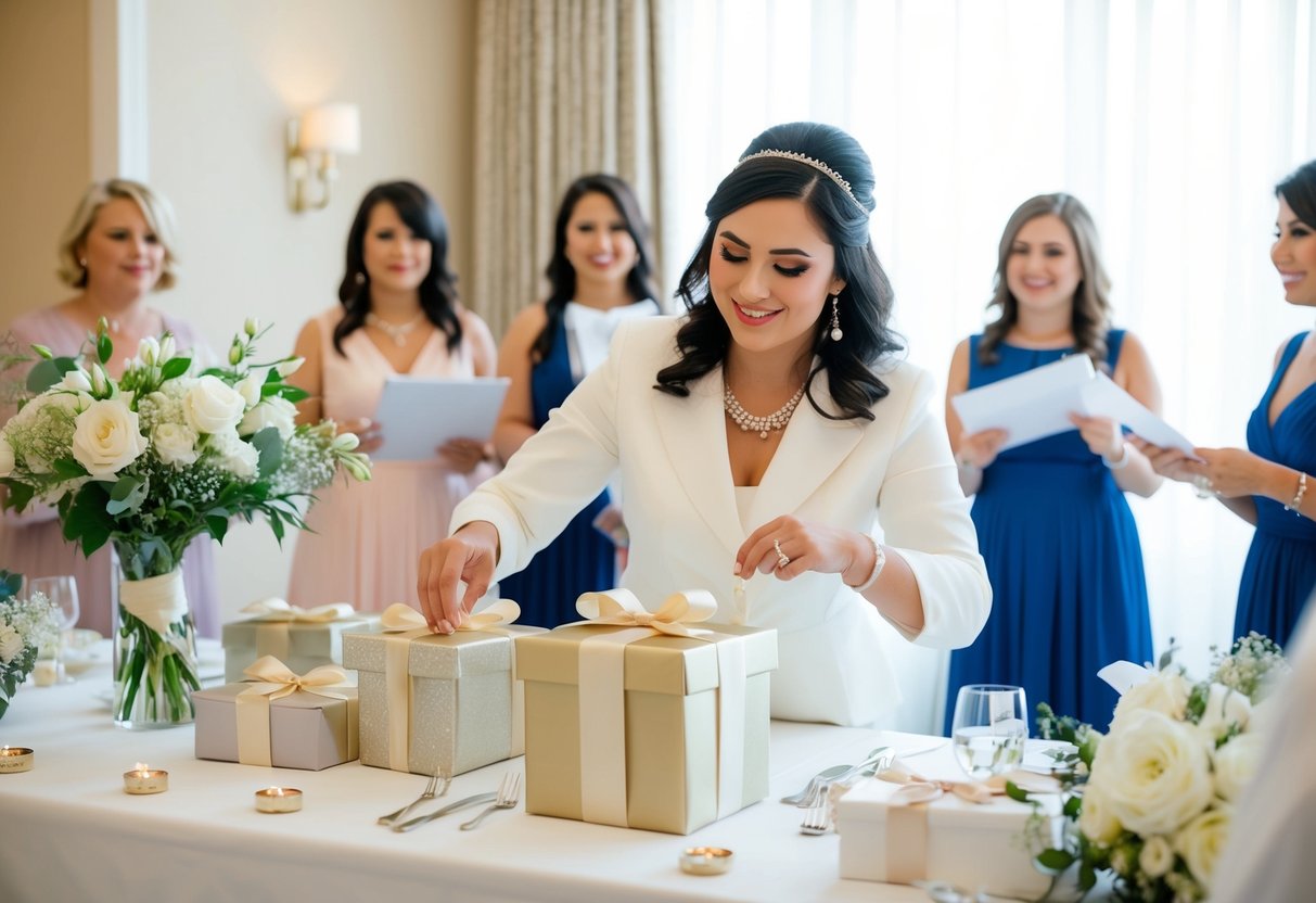 A wedding planner organizes gifts, coordinates vendors, and ensures all details run smoothly on the bride's wedding day