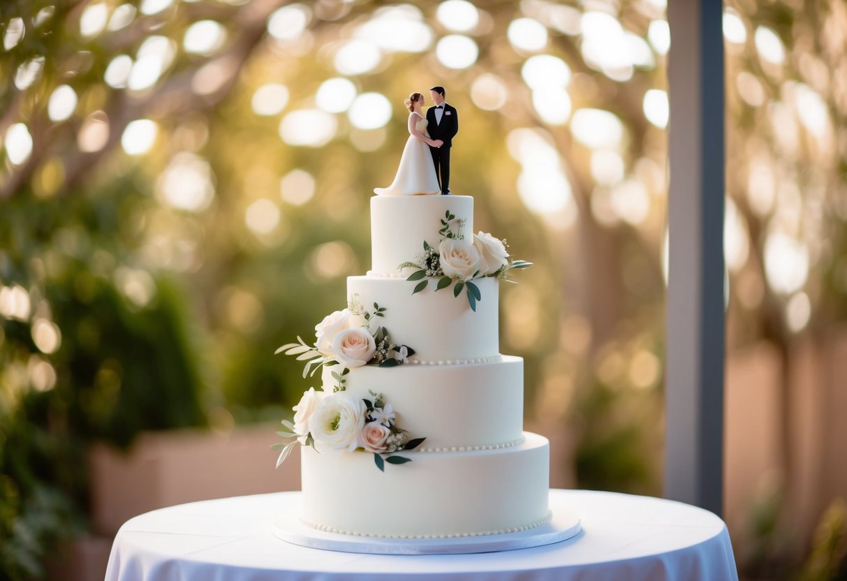 A three-tiered white wedding cake with floral decorations and a bride and groom cake topper